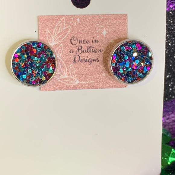 Mardi Gras Inspired faux leather glitter studs with stainless post - Picture 2 of 4